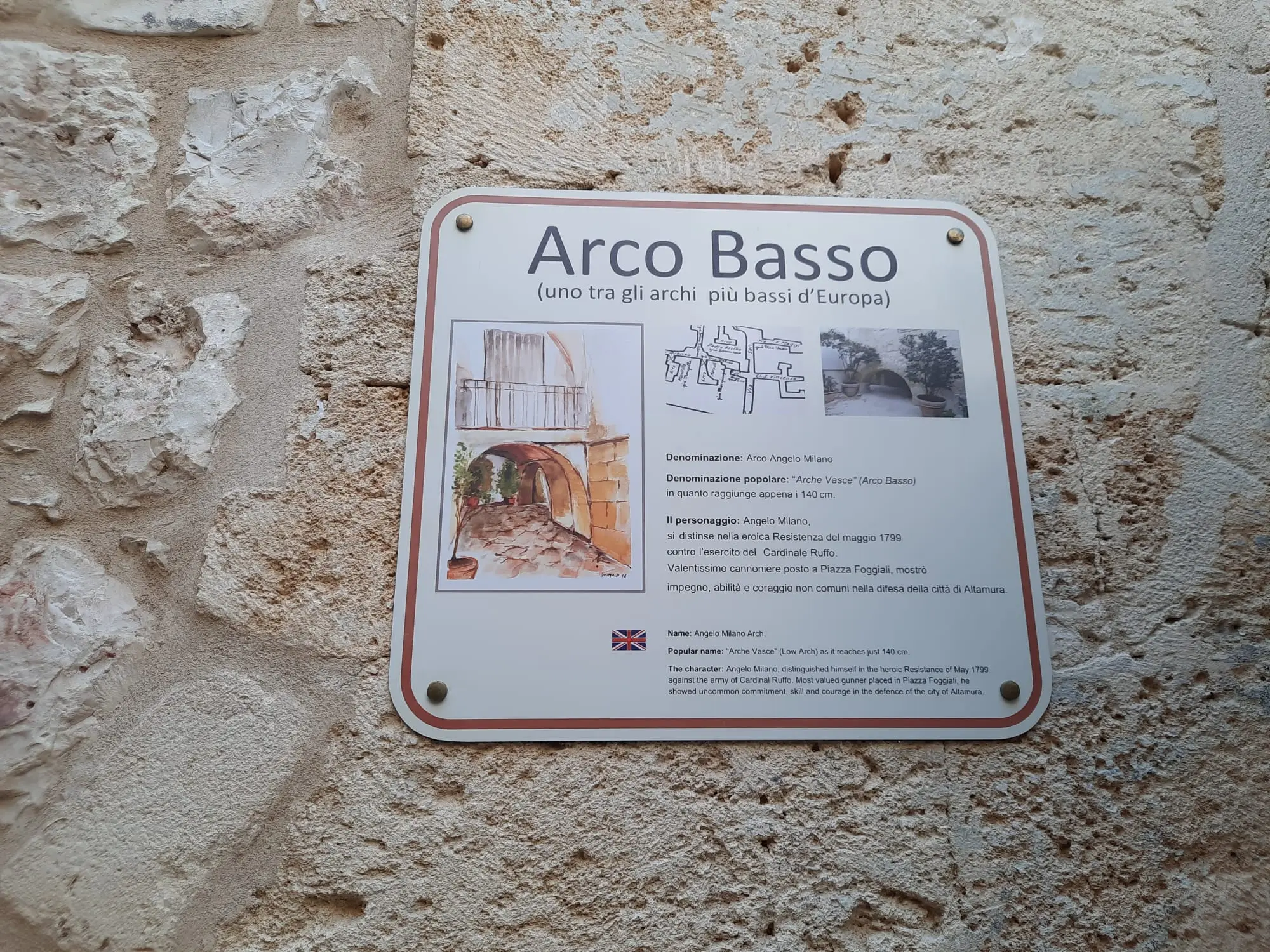 Sign marking Arco Basso in Altamura, one of the lowest arches in Europe