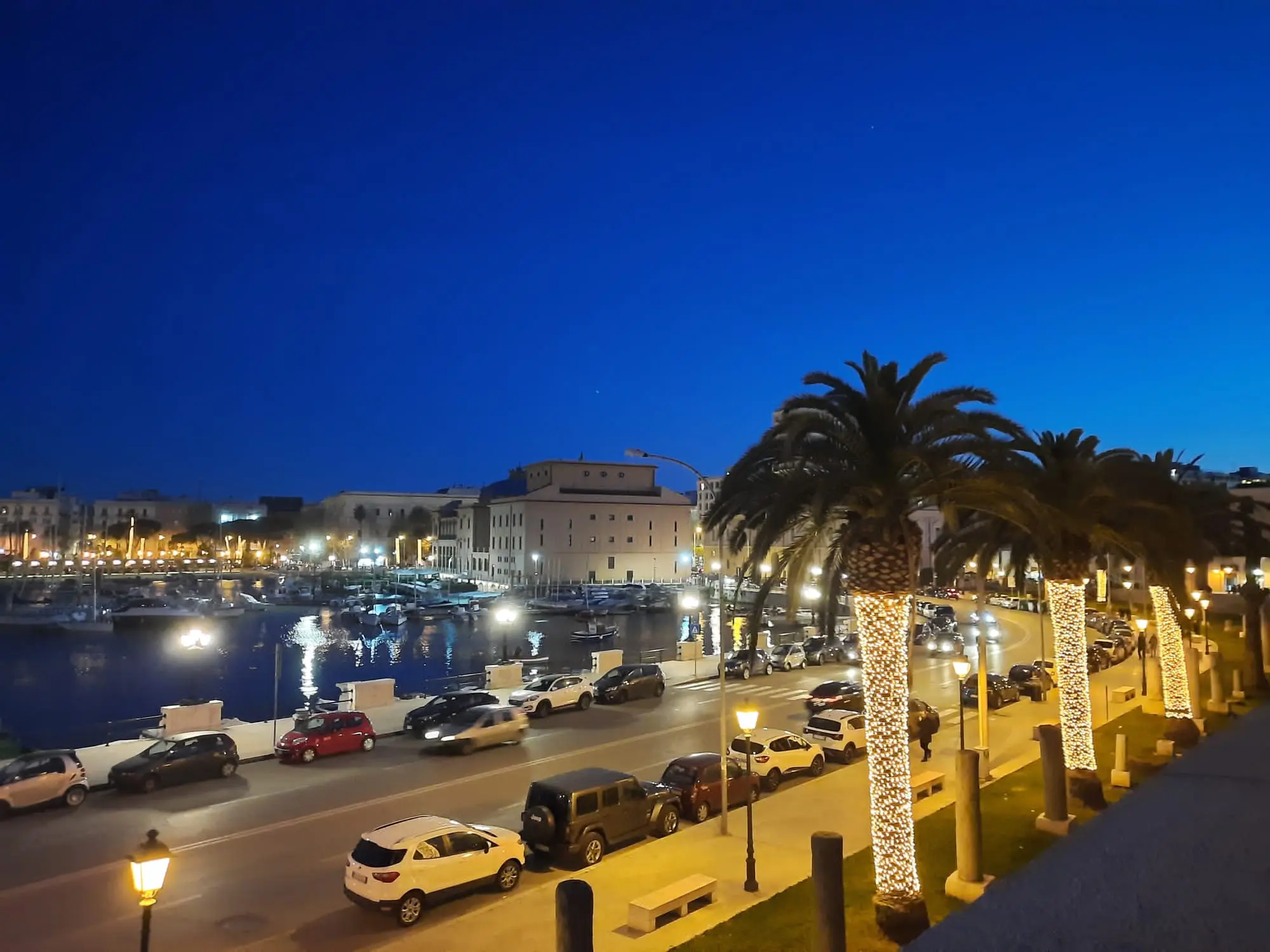 Bari city at night illuminated along the seafront