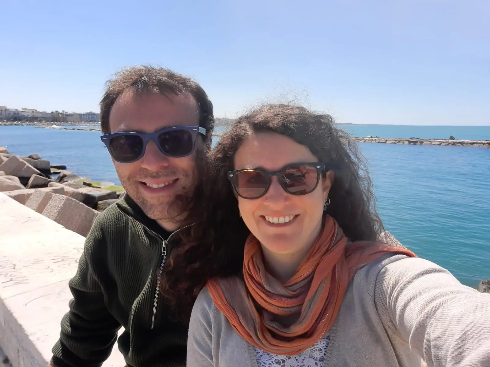 Ricky and Anna on the seafront in Bari on a sunny day